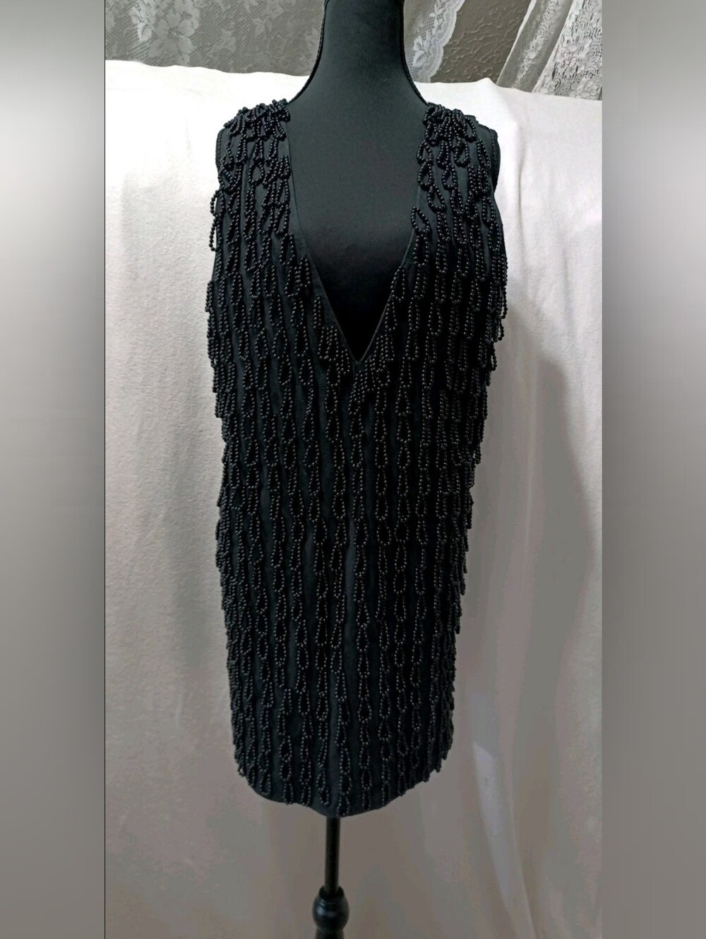 NWT ASOS DESIGN Deep V Neckline Embellished Mini Shift Dress In Black Size 14